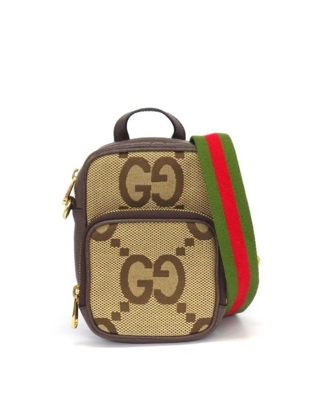 Gucci Shoulder Bag Pochette Mini Camel Ebony Jumbo GG Canvas Leather Gold